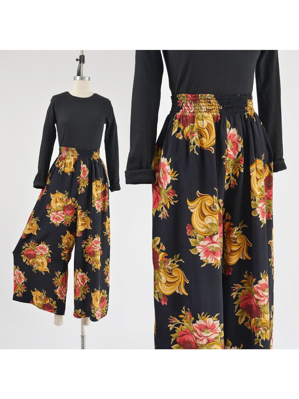 Vintage 90s Floral Rayon Palazzo Pants Smocked Waist Wide Leg Boho Small